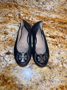 Tory Burch Black Leather Logo Ballet Flats